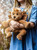 A tan/golden dragon-styled teddy bear sits upright, featuring wings, small horns, pointed ears, and large clawed feet, photographed against a white background.