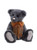 A dark grey plush teddy bear sits upright against a white background, wearing a shimmery copper/orange organza bow tie around its neck.