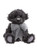 A dark charcoal grey, fluffy Charlie Bears teddy bear sits upright against a white background, wearing a sheer silver-grey organza bow ribbon around its neck.