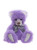 A purple fluffy teddy bear sits upright against a white background, wearing a silver satin bow tie, with white inner ears, muzzle, and paw pads.