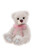 A soft, light grey Charlie Bears teddy bear sits upright against a white background, wearing a sheer pink ribbon bow at its neck, with a mauve nose and white paw pads.