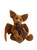 A brown plush bat-shaped Charlie Bear sits upright, featuring large ears, wings, glossy eyes, and a dark brown satin bow tie, photographed against a white background.