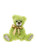 A lime green fluffy teddy bear sits upright against a white background, wearing a gold satin bow tied around its neck. It has white muzzle patches and cream felt paw pads.