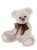 A light grey/cream plush teddy bear sits upright against a white background, wearing a sheer brown organza bow tie, with embroidered paw pads and glossy black eyes.