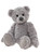 A grey, fluffy Charlie Bears teddy bear sits upright against a white background, featuring curly textured fur, black button eyes, and lighter grey paw pads.
