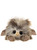 A fluffy brown and grey owl-shaped teddy bear lies flat, facing forward, with large dark eyes, a small beak, tiny wings on its sides, and rounded paws, set against a white background.