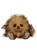 A fluffy brown teddy bear sits facing forward, with large glossy eyes, a dark pink nose, small paws, and a burgundy ribbon bow on its side tail.
