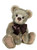 A grey-toned Charlie Bears teddy bear sits upright, wearing a dark burgundy satin bow tie with a small decorative key charm, against a white background.
