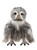 A grey and white plush owl teddy bear stands upright, facing forward, with amber eyes, striped feather detail, and black taloned feet, against a white background.