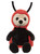 A ladybug-themed teddy bear sits upright against a white background, featuring a red-and-black plush body, large shiny eyes, a cream face, and black antennae.