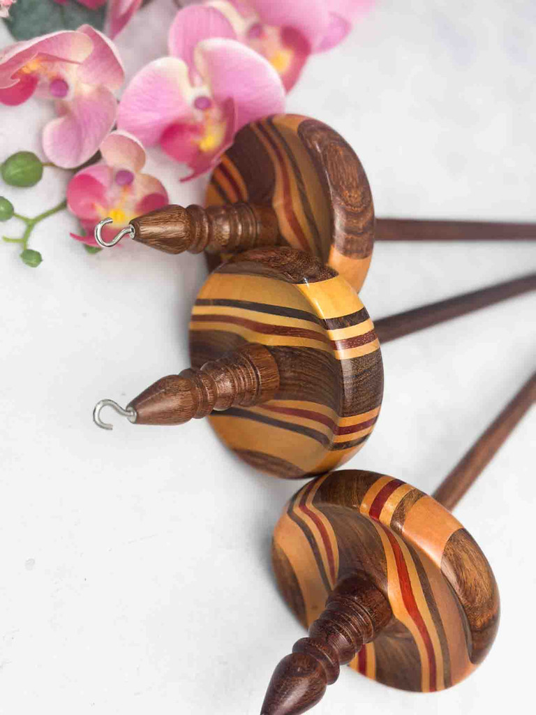 Handcarved Indian wood top whorl spindles
