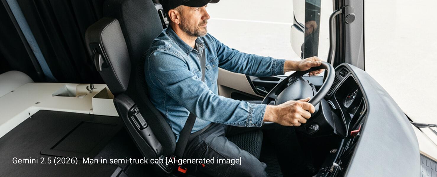 Truck driver sitting in proper posture in semi-truck cab