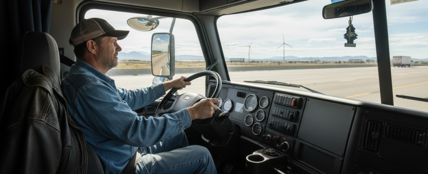 Man driving a semi-truck on an open highway, viewed from inside the cab, with wind turbines and mountains visible through the windshield