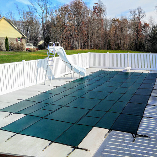 GLI Secur-A-Pool Mesh 16' X 32' Rectangle w/ Center End Steps (4' X 8') Green Inground Safety Cover, 20-1632RE-CES48-SAP-GRN)