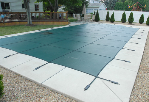 GLI Secur-A-Pool Mesh 16' X 32' Rectangle w/ 2' Offset Right Side Steps (4' X 8') Green Inground Safety Cover, 20-1632RE-RHS482-SAP-GRN