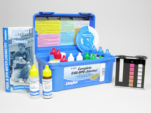 Taylor K-2006 Service Complete (high) Reagent Test Kit provides everything you need to test the following attributes of your swimming pool or spa water: Total Alkalinity, Free & Combined Chlorine, Cyanuric Acid, Calcium Hardness, pH with acid/base demand. The reagents in this kit are 22ml (0.75 ounce) in size.