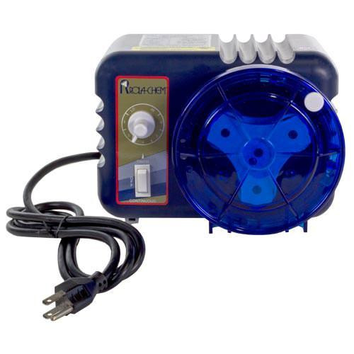 Rola-Chem's Pro Series peristaltic chemical feed pumps 12 GPD at 30 PSI, 1/4 Inch Plastic Injection Adapter, 1/2 Inch Brass Injection Fitting, 120 Volts 60 Hz, Max Amps 2.5.