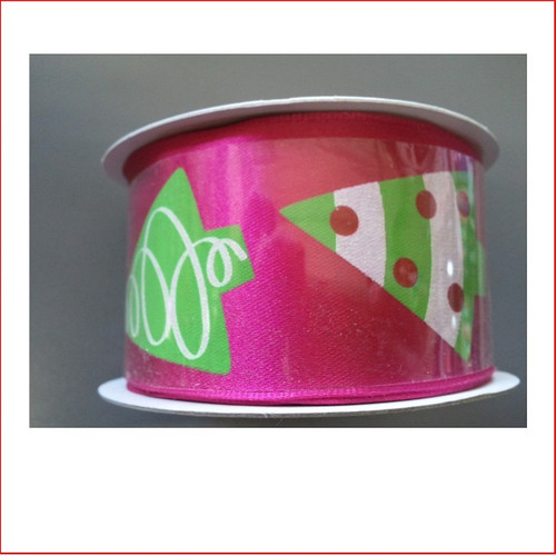 Pink Ribbon with Modern Christmas Tree Print- 38mm is a modern/contemporary style ribbon which is great for decorating colour christmas displays
