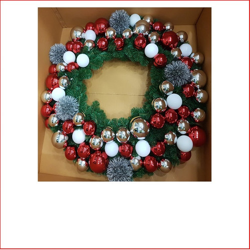 Decorated Christmas Wreath Contemporary style by our team of designers at Father Christmas tailored to your colour theme and expectations. Contact us by email info@fatherchristmas.net.au or ph: 1300 455 298 for an extensive Quote on your requirements.