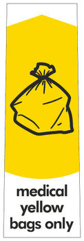 PC115MYB - A narrow sticker with the black outline of a refuse bag situated on yellow background and featuring medical yellow bag only text