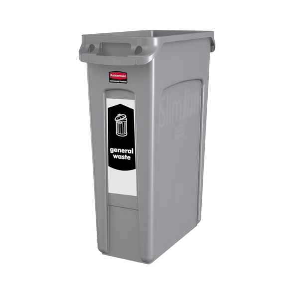 PC115GW - Narrow General Waste sticker attached to the front of a grey Slim Jim bin
