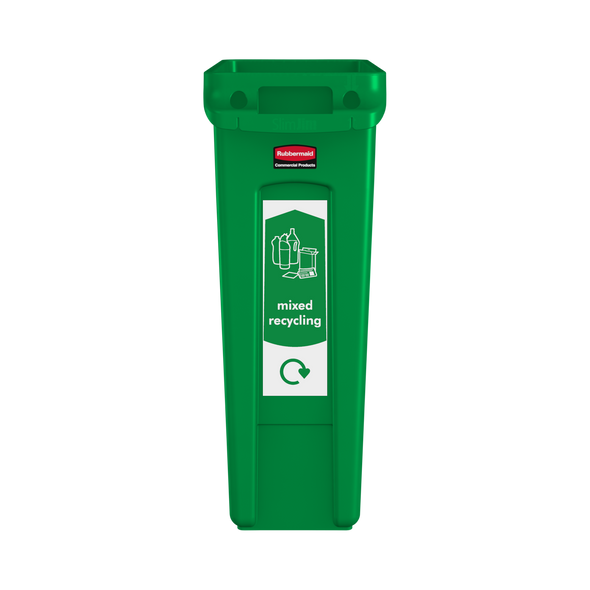 PC115MR - Narrow mixed recycling sticker attached to front of green Slim Jim bin
