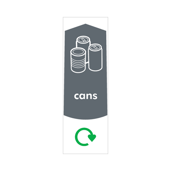 Slim Recycling Bin Sticker - Cans - PC115MC - Featuring recycling logo, cans graphic and text