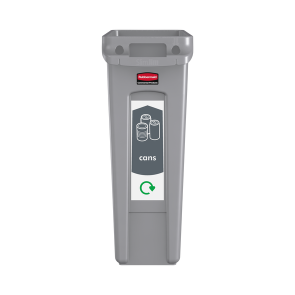 PC115MC - Narrow cans recycling sticker attached to the front of a grey Slim Jim bin