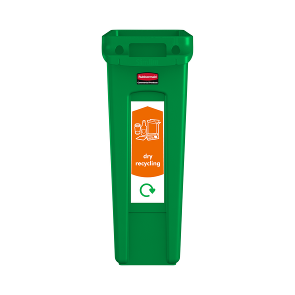 PC115DR - Narrow Dry Recycling sticker attached to front of a green Slim Jim bin