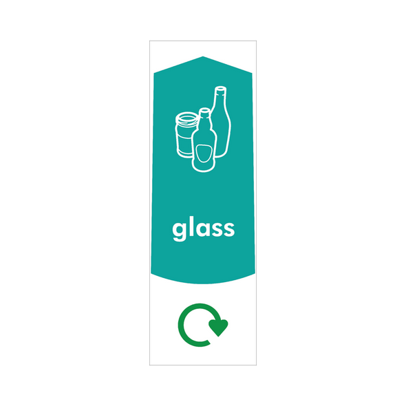 Slim Recycling Bin Sticker - Glass - PC115G - Featuring Recycling Logo, Bottle & Jar Graphics and Glass Text