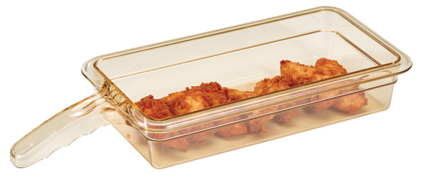 32HP1H150 - Amber coloured High Heat Food Pan with Handle and filled with fried chicken
