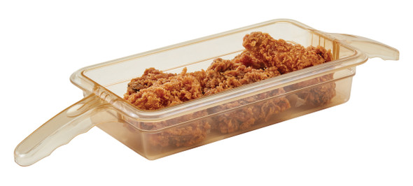 32HP2H150 - Amber coloured High Heat Food Pan with 2 Handles and filled with fried chicken