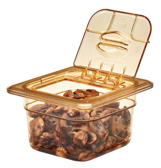 60HPL150 - FlipLid with open window on amber coloured 100mm deep gastronorm pan containing fried mushrooms