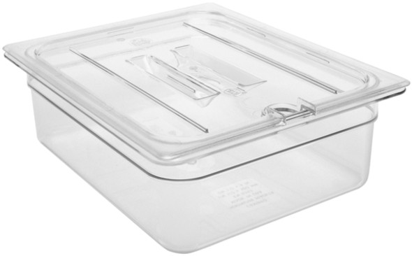 20CWCHN135 - Half sized Polycarbonate Notched Cover with Handle placed upon a 100% transparent polycarbonate GN 1/2 pan