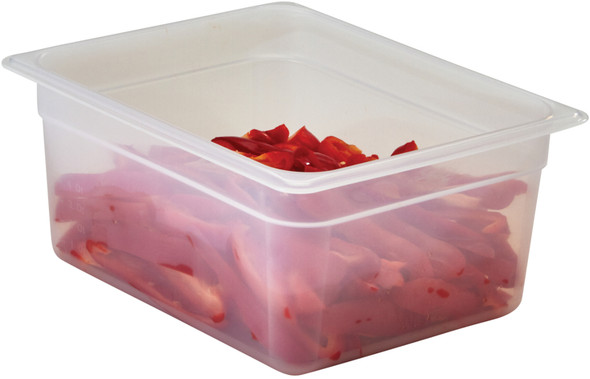 26PP190 - A half sized, 150mm deep, rectangular gastronorm food pan that is manufactured from translucent polypropylene containing sliced red peppers