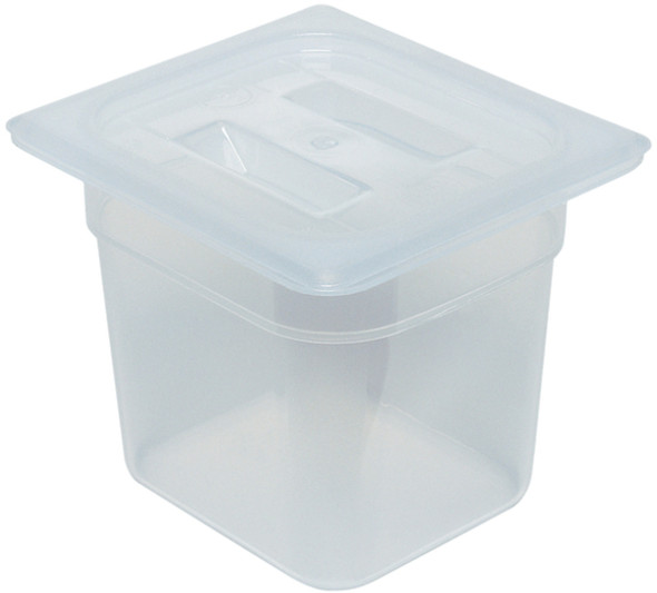 60PPCH190 - Translucent polypropylene gastronorm cover with handle fitted on a 150mm deep polypropylene gastronorm pan