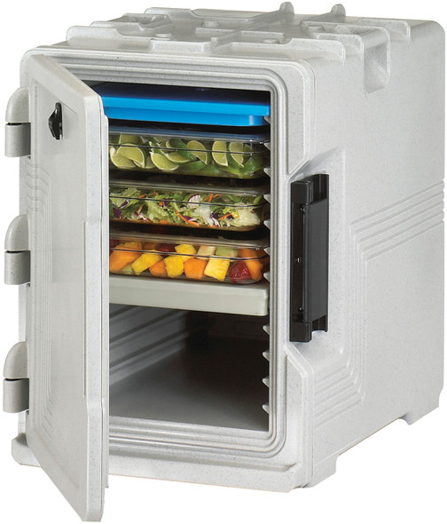 UPCS400480 - Ultra Camcarrier with door open containing 3 x GN 1/1 65mm deep food pans filled with fruit and veg and sat on a thermobarrier