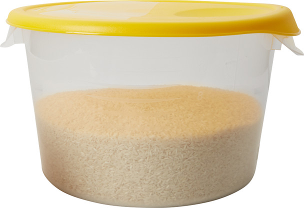 FG573000YEL - Rubbermaid Round Container Lid - Large - Yellow - Lid Fitted to Container Filled with Rice
