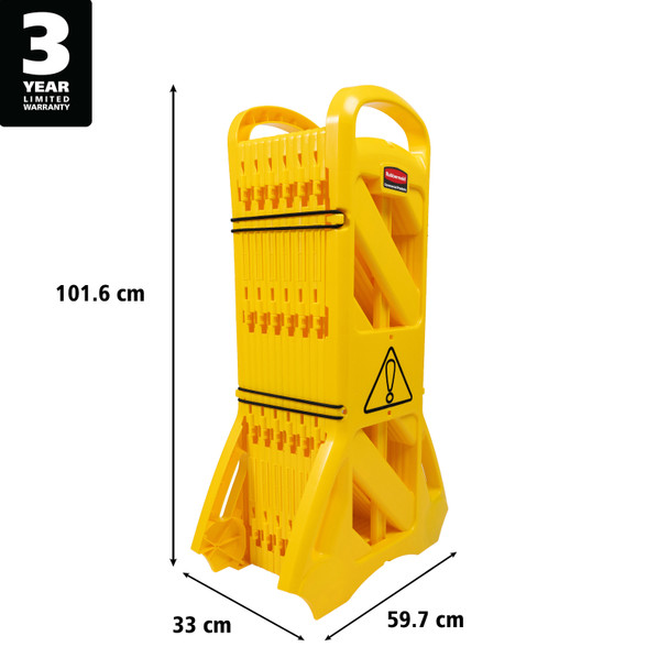 FG9S1100YEL - Rubbermaid Mobile Safety Barrier - Technical Image with Dimensions and Warranty Mark