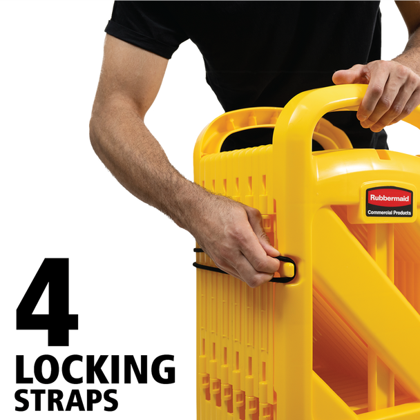 Rubbermaid Mobile Safety Barriers have 4 Locking Straps to Keep it Folded When Not In Use