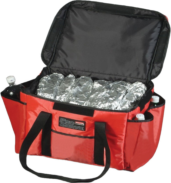 FG9F4000RED - Rubbermaid ProServe Food Delivery Bag - Red - Lid Open with Foil Wrapped Contents