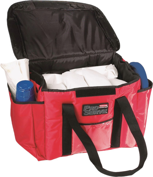 FG9F4000RED - Rubbermaid ProServe Food Delivery Bag - Red - Lid Open with Paper Wrapped Contents