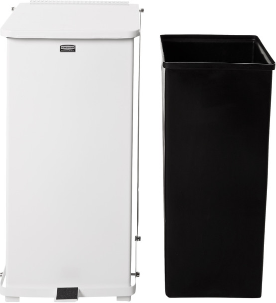 FGST24EPLWH - Rubbermaid Defender Square Pedal Bin with black Plastic Liner place on its right