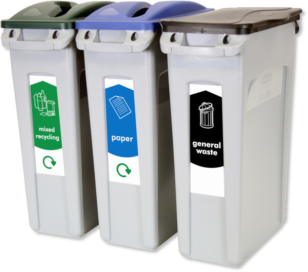 1876490 - Rubbermaid Slim Jim 3-Stream Recycling Starter Pack - General Waste/Mixed Recycling/Paper