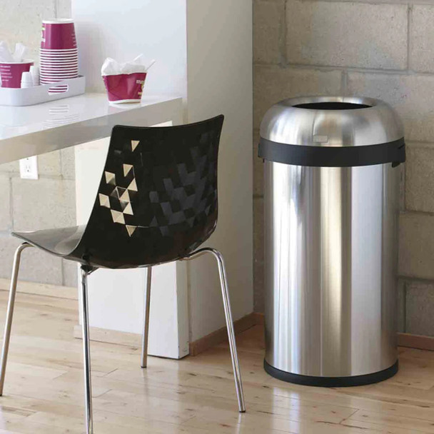 CW1469 - simplehuman Open Top Bullet Bin - 80 Ltr - Brushed Steel - In a Coffee Shop