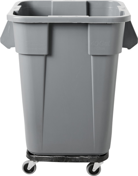 FG353600GRAY - Rubbermaid Square Brute container situated on optional square brute dolly