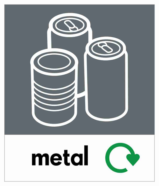 PC85M - A small square sticker with the white outline of a tins and cans on grey background, featuring recycling logo and metal text