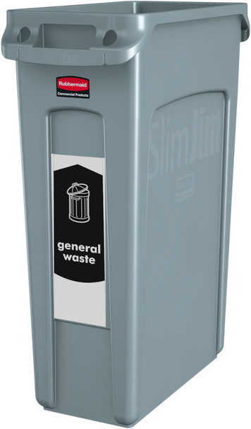 PC115GW - Narrow General Waste sticker attached to the front of a grey Slim Jim bin