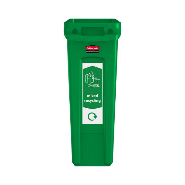 PC115MR - Narrow mixed recycling sticker attached to front of green Slim Jim bin