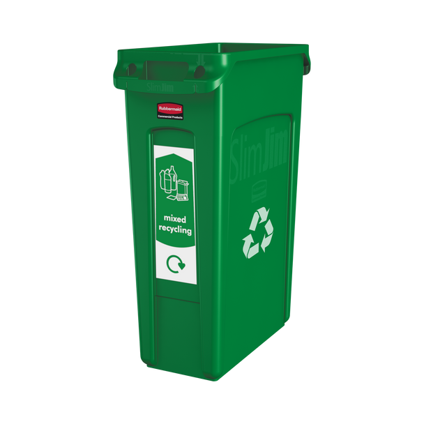 PC115MR - Narrow mixed recycling sticker attached to front of green Slim Jim bin